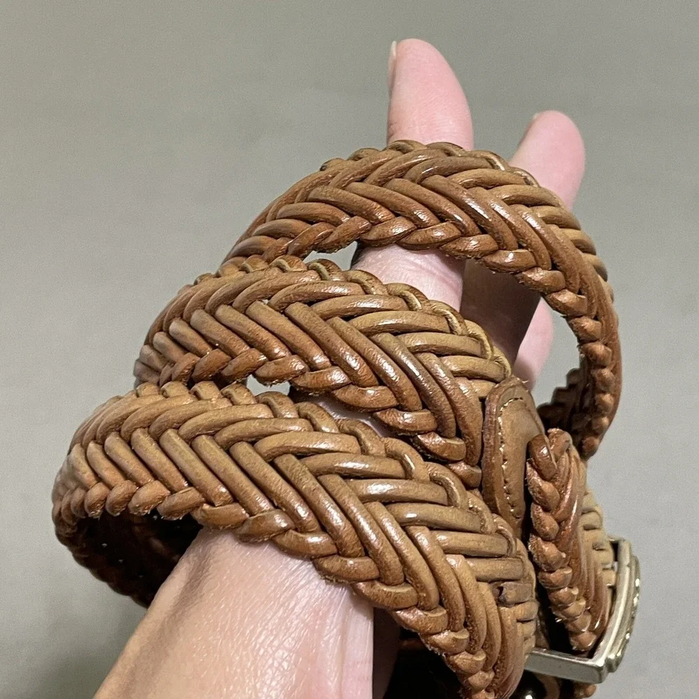 Vintage Leather Braided Belt Silver Hardware Brown Women's Adjustable‎ 90s Woven